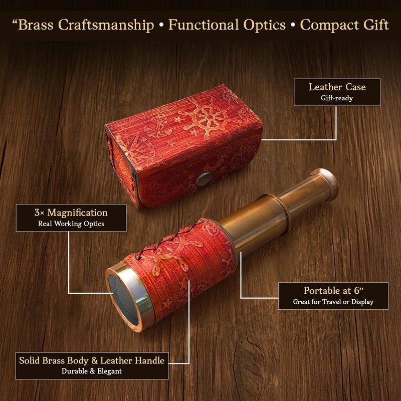 NauticalMart Brass Pirate Telescope 6 Inch Nautical Spyglass Collapsible Monocular for Adventure Enthusiasts Gift | Solid Brass Handheld Telescope with Leather Handle for Adult Telescopes - Image 3